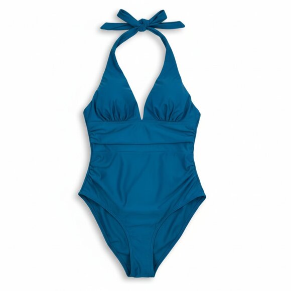 New | Halter Tummy Control Ruched One Piece Swimsuit Teal Plunge V Neck | Small - Picture 1 of 3